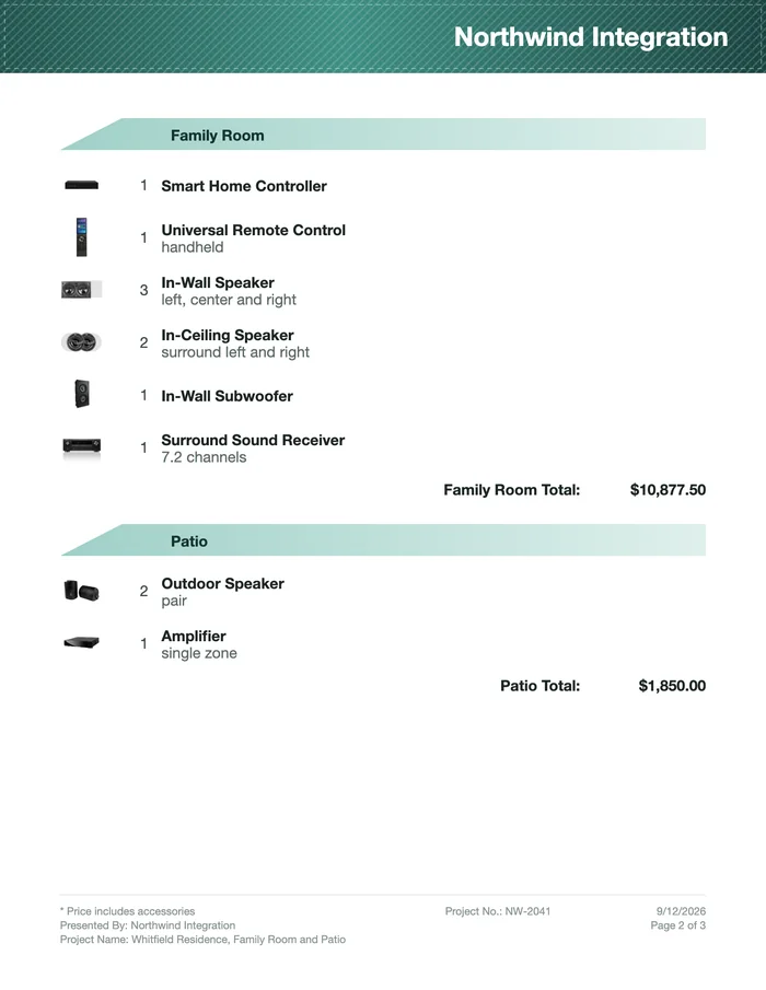 A proposal in the Clean style: one section per room with a room total